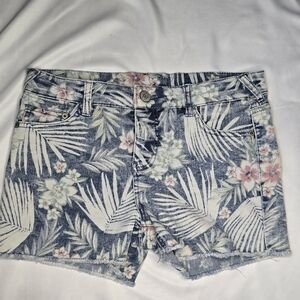 Cherokee Floral Denim Frayed-Hem Shorts (XL) – Tropical Palm & Blossom Print